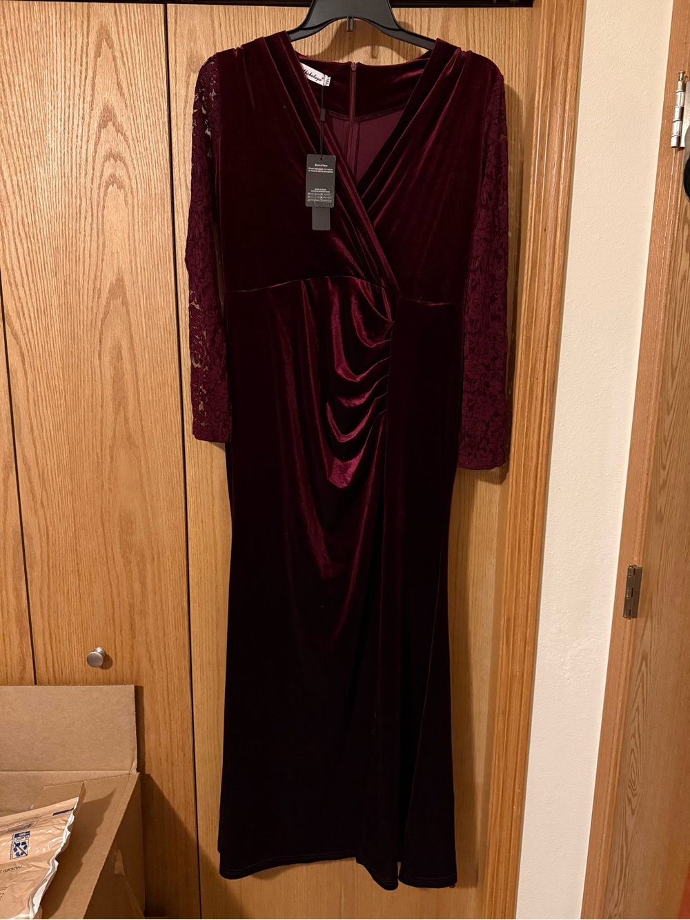 Long-Sleeve Velvet Wrap Dress in Burgundy